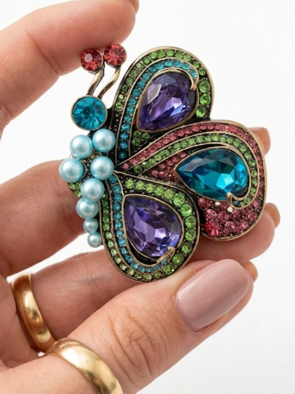 Colorful Crystal Butterfly Brooch Pin Vintage Rhinestone Faux Pearl Statement